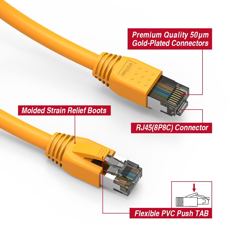 Nippon Labs 24AWG Cat8 RJ45 Ethernet Patch Internet Network LAN Cable, Indoor/Outdoor, 24AWG, Shielded Latest 40Gbps 2000Mhz, Weatherproof S/FTP for Router, PS4, PS5, Xbox, PoE, Switch, Modem - Yellow