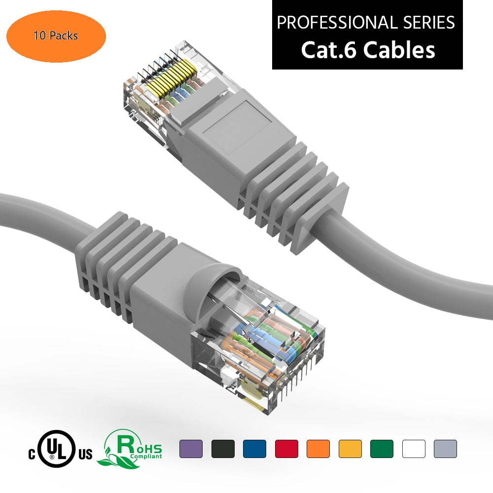 Nippon Labs 10-Pack Cat6 UTP Ethernet Network Booted Cable - Gray - 0.5 ft. ~ 25 ft. - 24AWG RJ45 Enhanced Cat 6 Patch Cable (10 Pack Gray)