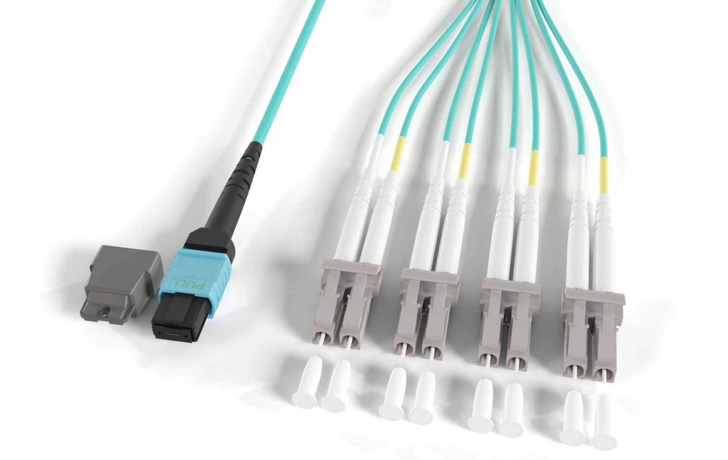 Nippon Labs OM4 50/125 MTP® Female To LCU*4 Duplex Multimode 8 Fibers OFNP Breakout Optic Cable Type B, Aqua, 1M~30M