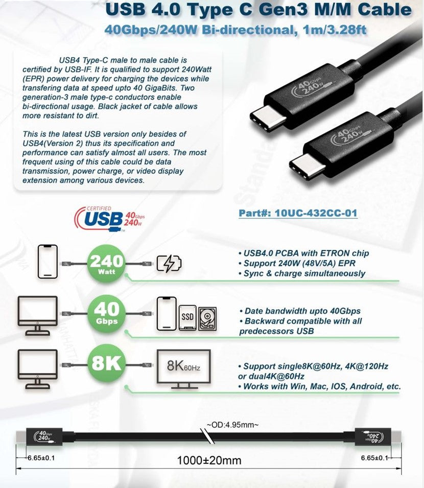 Nippon Labs 30USB4-10UC-432CC-01 USB4.0 Type C Gen3 8K USB Cable, Supports 8K@60Hz, 4K@120Hz, Dual 4K@60Hz, EPR, 40Gbps, 240W Type-C USB4 3.3FT. (1 Meter) Cable, M/M Cable, Black