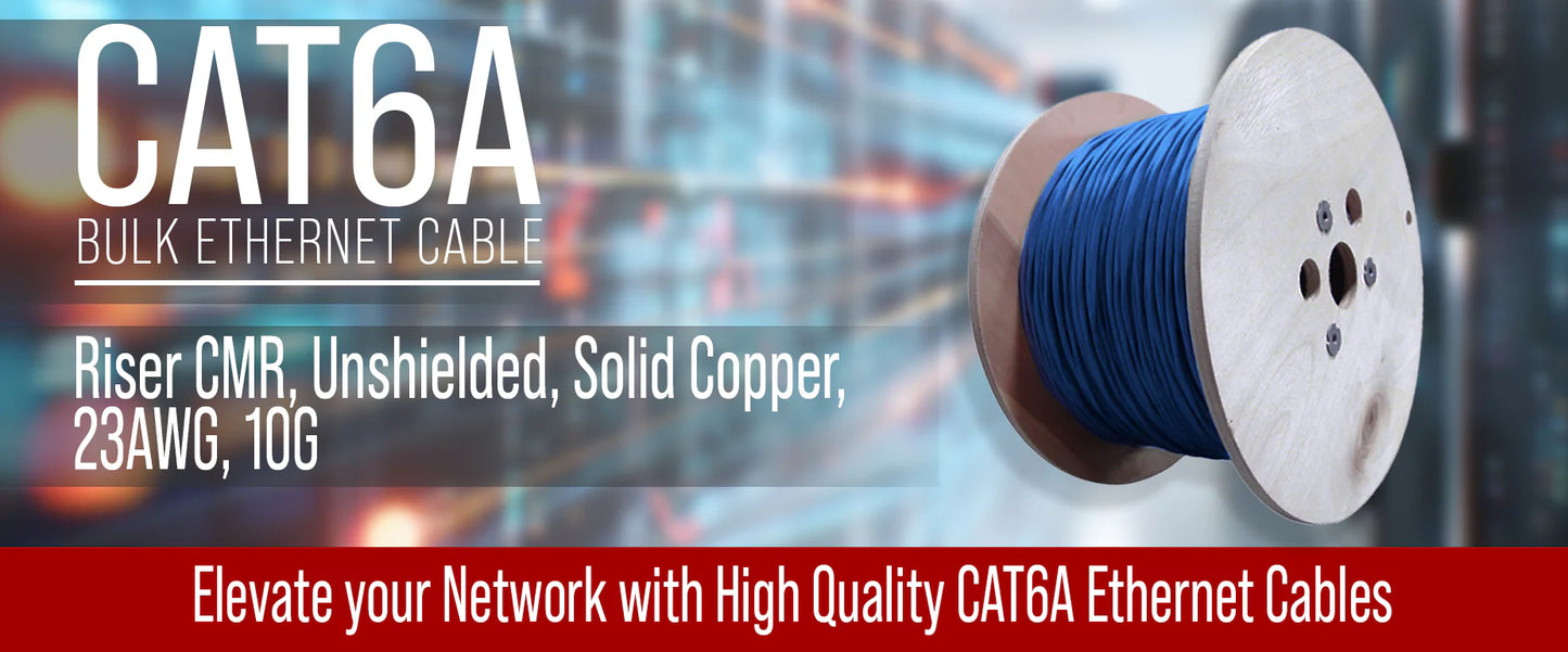 Nippon Labs CAT6A Riser Bulk Ethernet Cable, Solid Copper UTP CMR, 23AWG, 10G, Unshielded, 1000FT Lan Cable