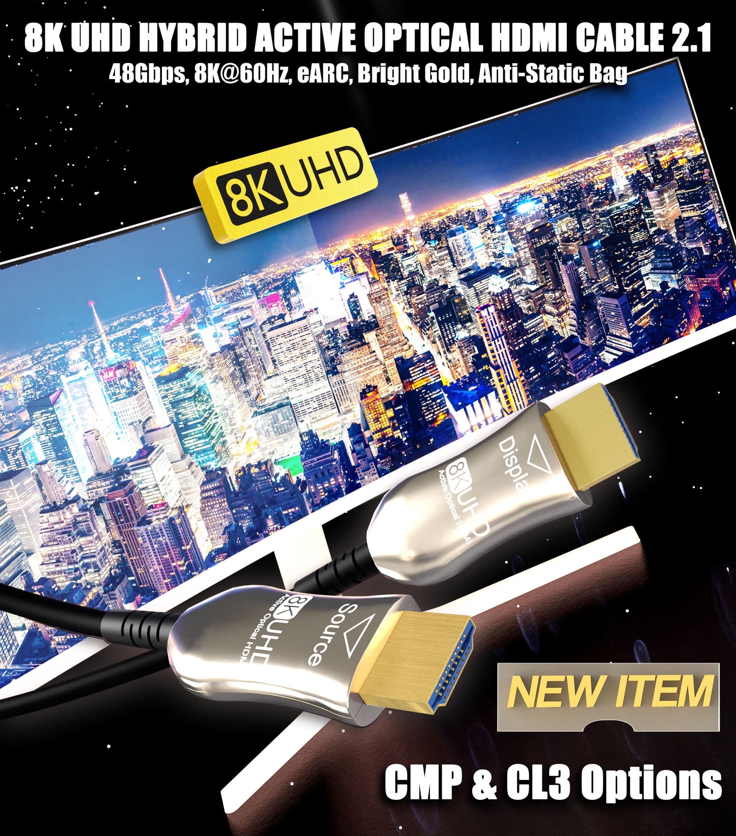 Nippon Labs 25FT. - 150FT. 8K Hybrid Active Optical Fiber Plenum-Rated HDMI Cable,8K@60Hz Bright Gold, 8K CMP AOC Active Optical Cable HDMI 2.1 Bright Gold (With Anti-Static Bag)