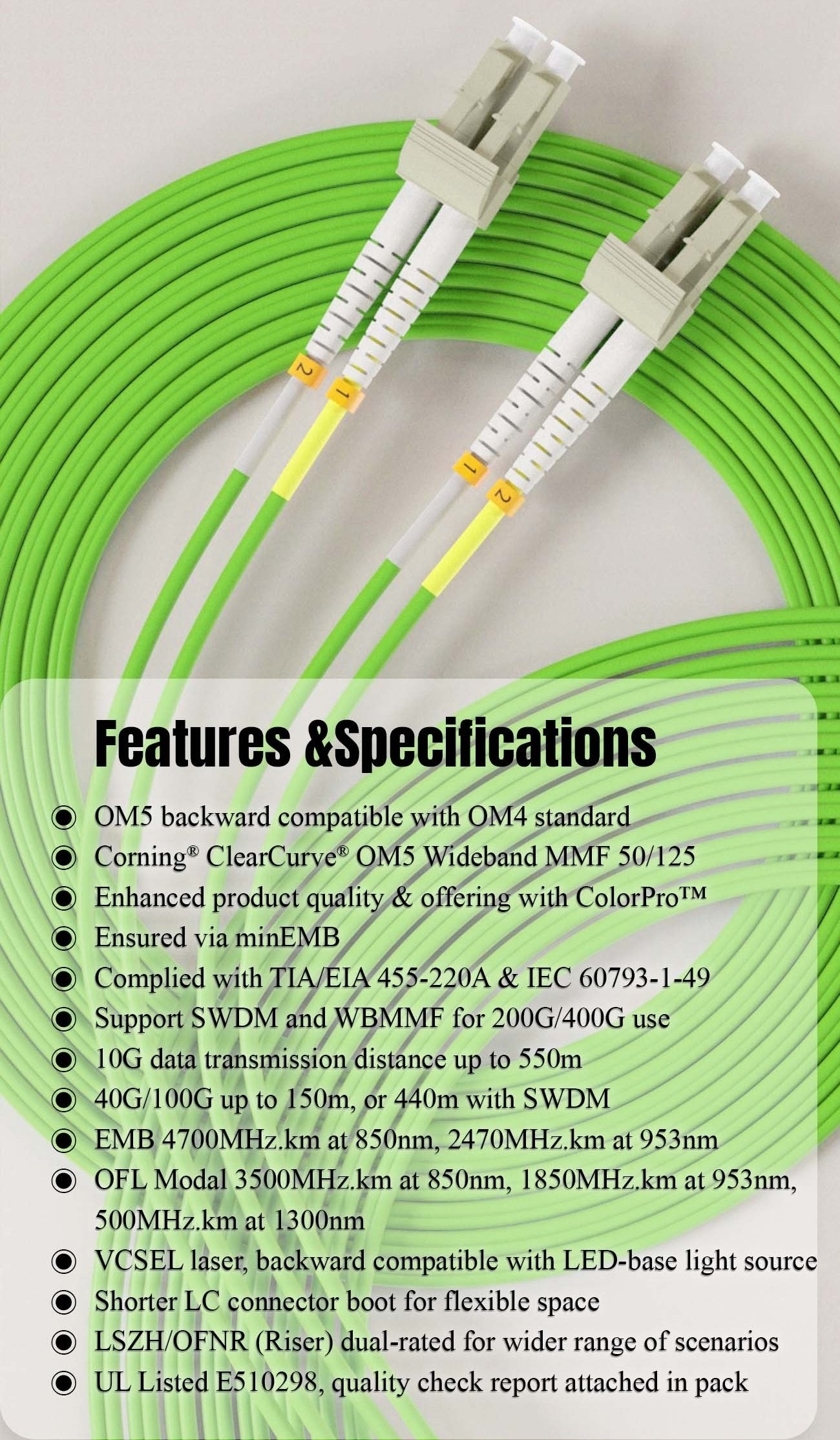 Nippon Labs OM5 LC/LC UPC LSZH/OFNR Dual-Rated Multimode Fiber Optic Patch Cable Lime Green, 0.5M ~ 50M