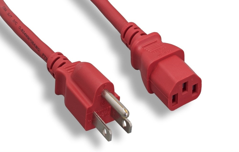 Nippon Labs 18 AWG Red Standard Power Cord NEMA 5-15P to C13, NEMA5-15P/IEC320 C13, SJT, 10A, 125V