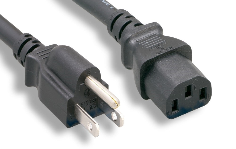 Nippon Labs 16 AWG Standard Power Cord NEMA 5-15P To C13, NEMA5-15P/IEC320 C13, SJT, 13A, 125V, Black Cable - 1FT.~25FT.