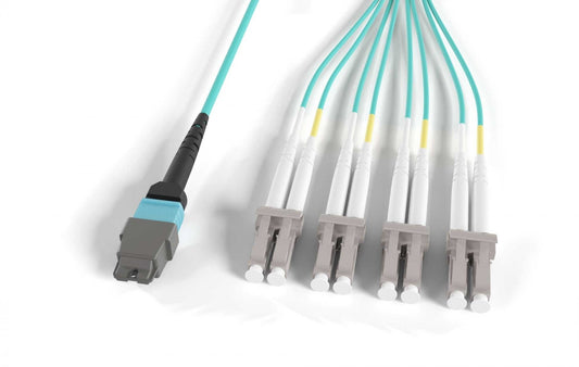 Nippon Labs OM4 50/125 MTP® Female To LCU*4 Duplex Multimode 8 Fibers OFNP Breakout Optic Cable Type B, Aqua, 1M~30M